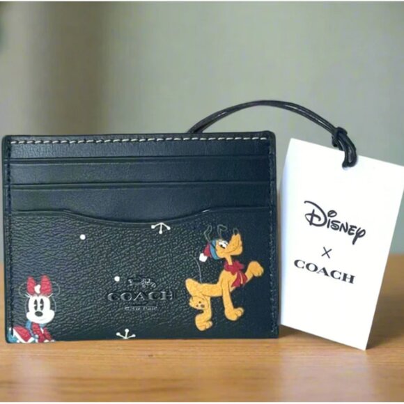 Disney x Coach Slim ID Card Case Holiday CN032 Black Leather Minnie Pluto ORGPKG - Picture 1 of 8